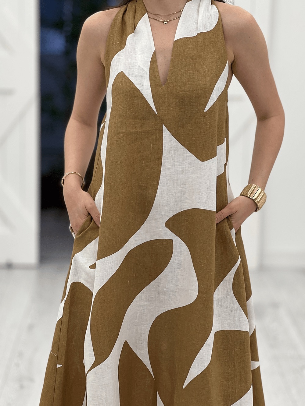Banana Republic White & Brown Abstract Linen-Blend Halter Dress